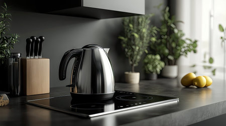 A compact electric kettle on a portable cooktop in a small, modern studio kitchen.の素材