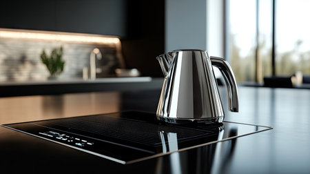 A futuristic electric kettle on a sleek black cooktop in a high-tech kitchen setting.の素材