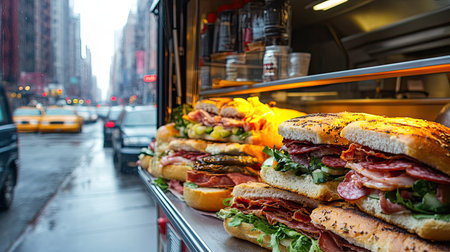 A food truck window serving sandwiches packed with bacon, salami, prosciutto, and fresh vegetables, with a city street in the background.の素材