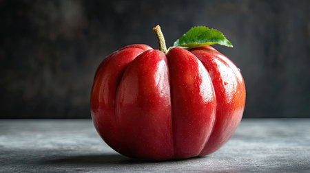 Red rose apple with a plump, shiny exterior on a neutral background, showing fresh details up close.の素材