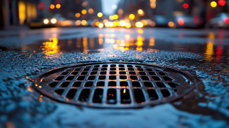 Rainy evening with stormwater draining through a city grate, lights from buildings reflected in puddles.の素材