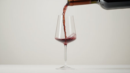 Red wine being poured into a tall, transparent wine glass, isolated against a white background with rich color and clean splashの素材