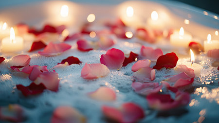 Romantic bath setup with white foam, pink and red rose petals floating on the surface, and candles around the tubの素材