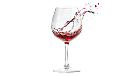 Red wine being poured into a tall, transparent wine glass, isolated against a white background with rich color and clean splashの素材