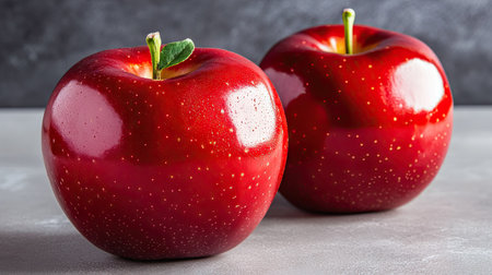 Red rose apple with a plump, shiny exterior on a neutral background, showing fresh details up close.の素材