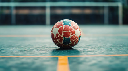 Sepak Takraw ball in the center of a sports court, with court markings visible in the background.の素材