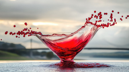 Red wine stream captured mid-pour into a glass, creating a dynamic swirl with droplets and vivid red reflectionsの素材