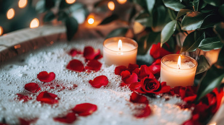 Romantic bathtub setup with foamy bubbles, rose petals, and scented candles, for an intimate, spa-like experienceの素材