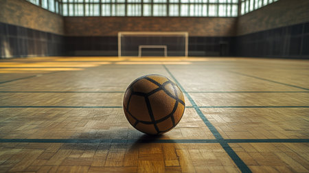 Sepak Takraw ball in the center of a sports court, with court markings visible in the background.の素材