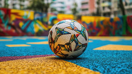 Sepak Takraw ball on a playground surface, with colorful, abstract designs in the background.の素材