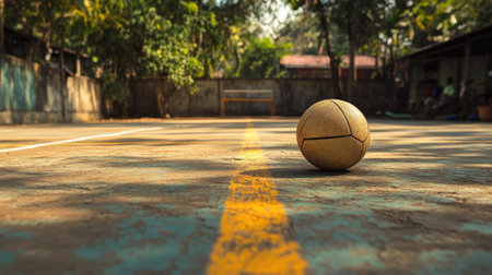 Sepak Takraw ball on an outdoor court with faded lines, capturing the sport's rustic charm.の素材