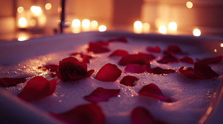 Rose petals and frothy bubbles filling a luxurious bathtub, with soft candlelight enhancing the tranquil atmosphereの素材