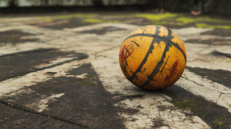 Sepak Takraw ball lying on an outdoor court with worn markings, capturing the spirit of the game.の素材