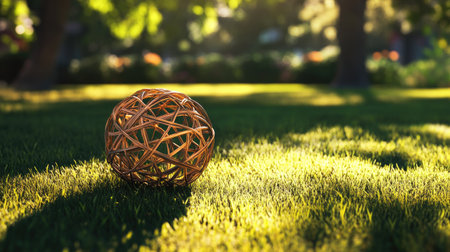 Sepak Takraw ball on a grassy field under sunlight, casting a shadow on the ground.の素材