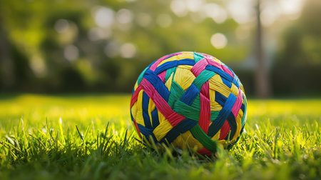 Sepak Takraw ball on a green grass field, with bright colors contrasting against the natural background.の素材