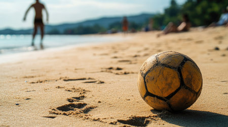 Sepak Takraw ball on a beach with footprints in the sand, capturing a casual sports atmosphere.の素材