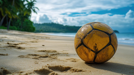 Sepak Takraw ball on a beach with footprints in the sand, capturing a casual sports atmosphere.の素材