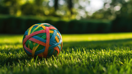 Sepak Takraw ball on a green grass field, with bright colors contrasting against the natural background.の素材