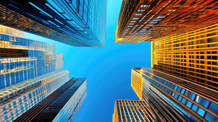 Skyscrapers from a bottom view, reaching into a clear sky, highlighting sharp architecture and urban perspectiveの素材