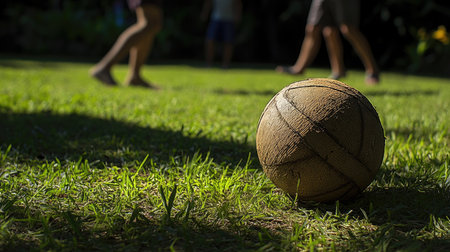 Sepak Takraw ball on a grassy field, with players' legs and shadows in the background.の素材