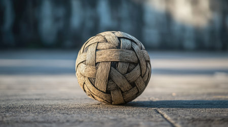 Sepak Takraw ball placed on concrete, with a casual, urban background in soft focus.の素材