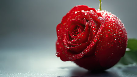 Single red rose apple with a dewy surface, isolated on a clean background, showing freshness and natural beauty.の素材