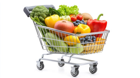 Shopping cart filled to the brim with fresh produce, snacks, and daily essentials, isolated on a bright white background.の素材