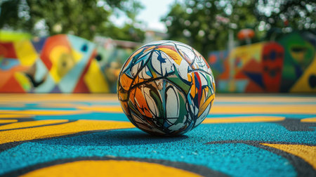 Sepak Takraw ball on a playground surface, with colorful, abstract designs in the background.の素材