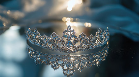 Silver tiara with intricate diamond designs, lying on a mirrored surface to highlight sparkle and shine.の素材