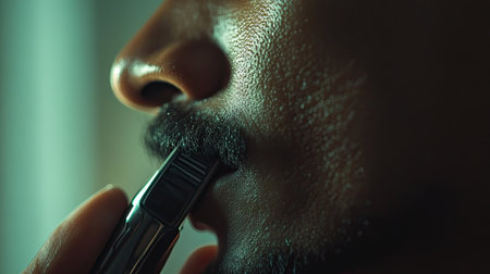 Side view of electric shaver trimming a mustache, showing close contact between shaver and skin.の素材
