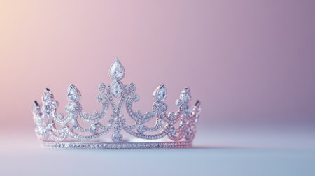 Silver tiara with multiple diamonds in an intricate pattern, isolated on a light pastel background.の素材