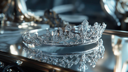 Silver tiara with intricate diamond designs, lying on a mirrored surface to highlight sparkle and shine.の素材