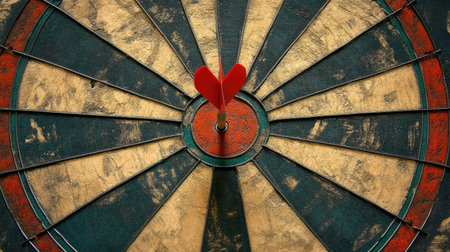 Single red dart precisely in the center of a dartboard, symbolizing the concept of focus and accuracy.の素材