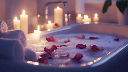 Soft foam and rose petals filling a classic white bathtub, surrounded by candles for a spa-like ambianceの素材