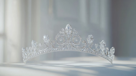 Side view of an elegant silver tiara with small and large diamonds, placed against a clean, light background.の素材