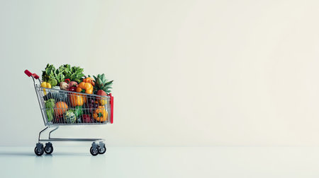 Side profile of a grocery cart full of vibrant produce and everyday goods, isolated on a clean white background.の素材