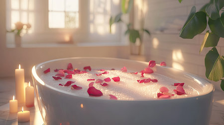 Soft foam and rose petals filling a classic white bathtub, surrounded by candles for a spa-like ambianceの素材
