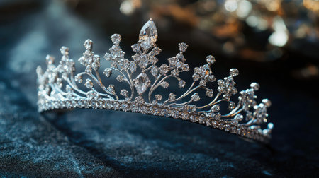 Stunning silver tiara with diamond embellishments, shown on a clean black surface for a dramatic effect.の素材