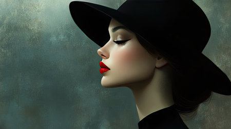 Side profile of a young woman with red lips and black hat, exuding confidence and mystery.の素材