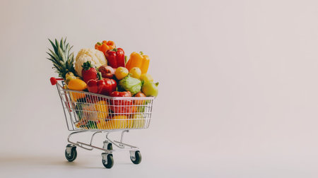 Side profile of a grocery cart full of vibrant produce and everyday goods, isolated on a clean white background.の素材