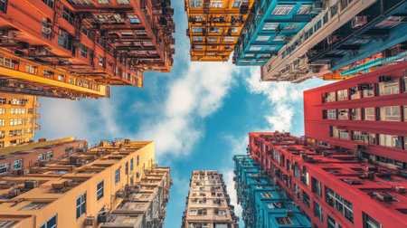 Symmetrical view from below of skyscrapers converging toward the sky, emphasizing height and contemporary architectureの素材