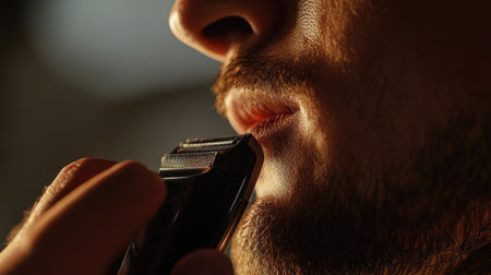 Side view of electric shaver trimming a mustache, showing close contact between shaver and skin.の素材