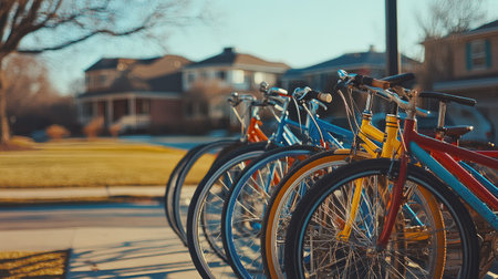 A colorful collection of bicycles parked in a suburban neighborhood bicycle rack, with houses in the background.の素材