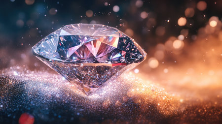 A dazzling diamond in mid-air reflects a prism of colors, surrounded by a sparkling mist of silver diamond dust.の素材