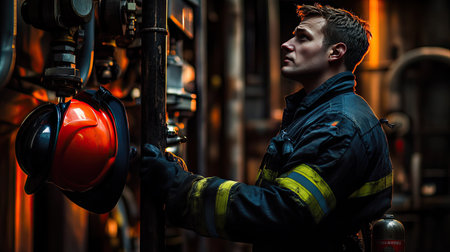 A firefighter inspecting equipment at the station, wearing protective gear and holding a safety helmet under one armの素材