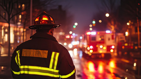 A firefighter directing traffic at a fire scene, dressed in a reflective jacket with emergency lights flashing nearbyの素材