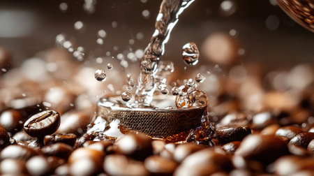 A drip coffee process in motion, with water pouring into the filter and coffee beans visible in the foreground.の素材