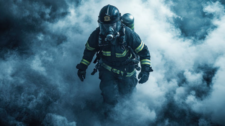 A firefighter emerging from a cloud of smoke, carrying heavy equipment and wearing a full protective suitの素材