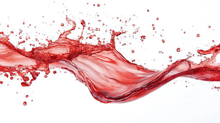 Red wine splashing as it fills a glass, isolated with a white background, showcasing rich tones and motionの素材