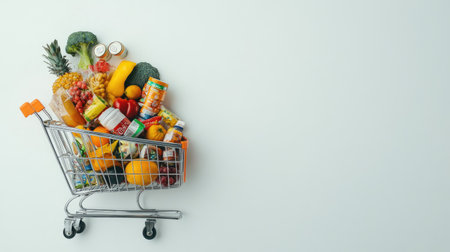Shopping cart with a variety of fresh produce, canned goods, and snacks, isolated on a clean white backdrop.の素材